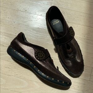 Stuart Weitzman Bronze Leather & Suede Sneakers w Gold Studs Sz 9.5
